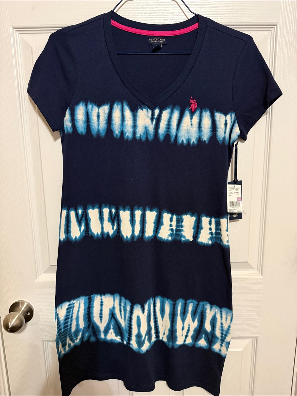 U.S. Polo Assn. Navy Blue White Tie-Dye V-Neck T-Shirt Dress